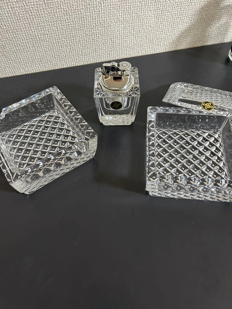 アンティーク　ガラス製　灰皿、シガーケース、ライターセット