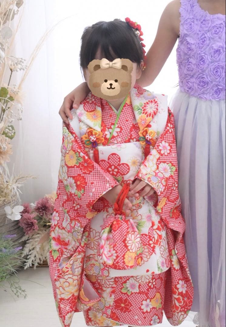 七五三 3歳　被布着物　フルセット 赤花柄