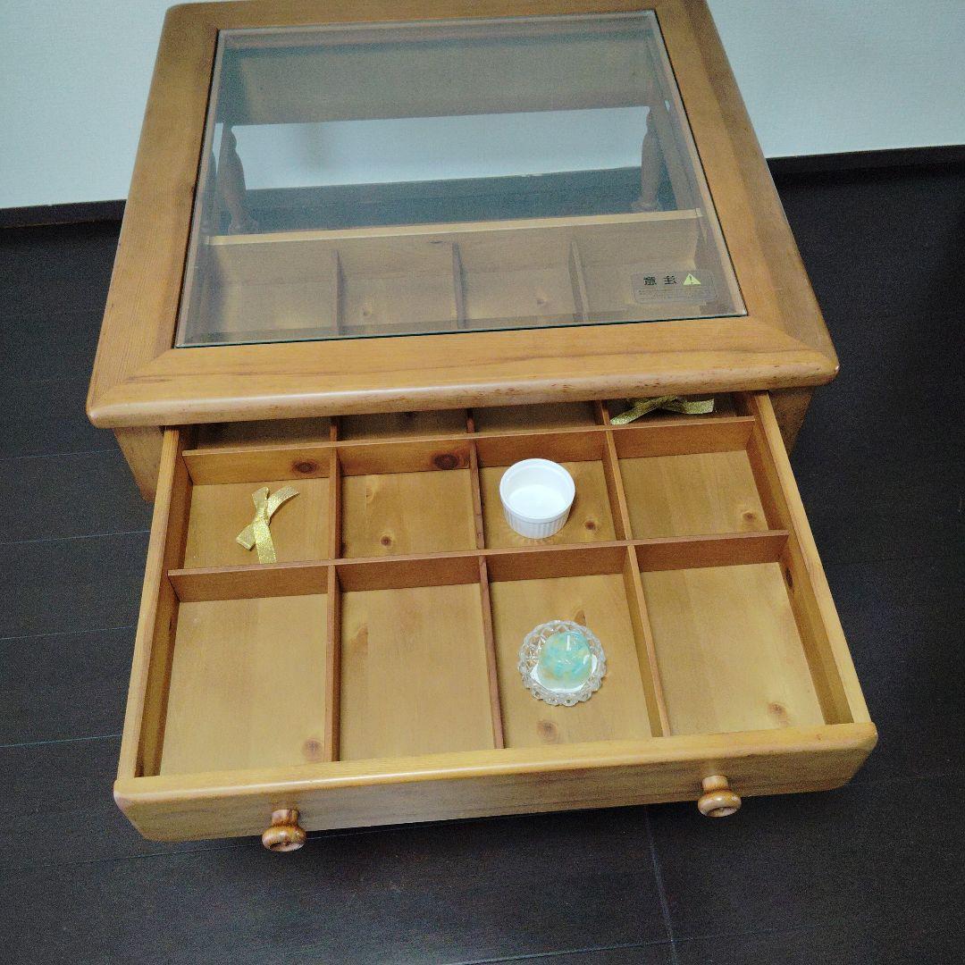 木製ローテーブル ガラス天板 引き出し付き