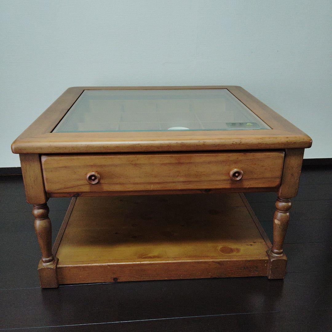 木製ローテーブル ガラス天板 引き出し付き