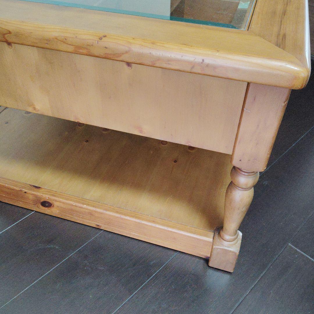 木製ローテーブル ガラス天板 引き出し付き