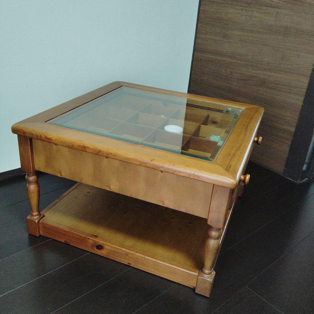 木製ローテーブル ガラス天板 引き出し付き