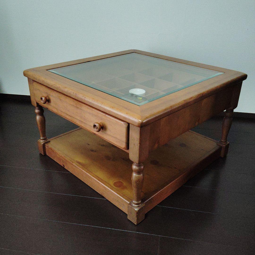 木製ローテーブル ガラス天板 引き出し付き