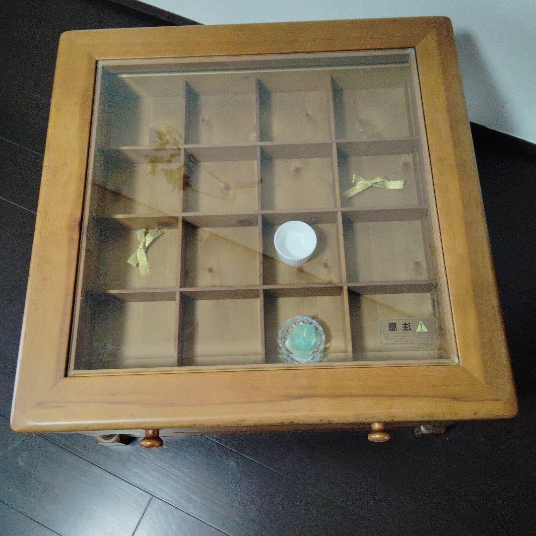 木製ローテーブル ガラス天板 引き出し付き