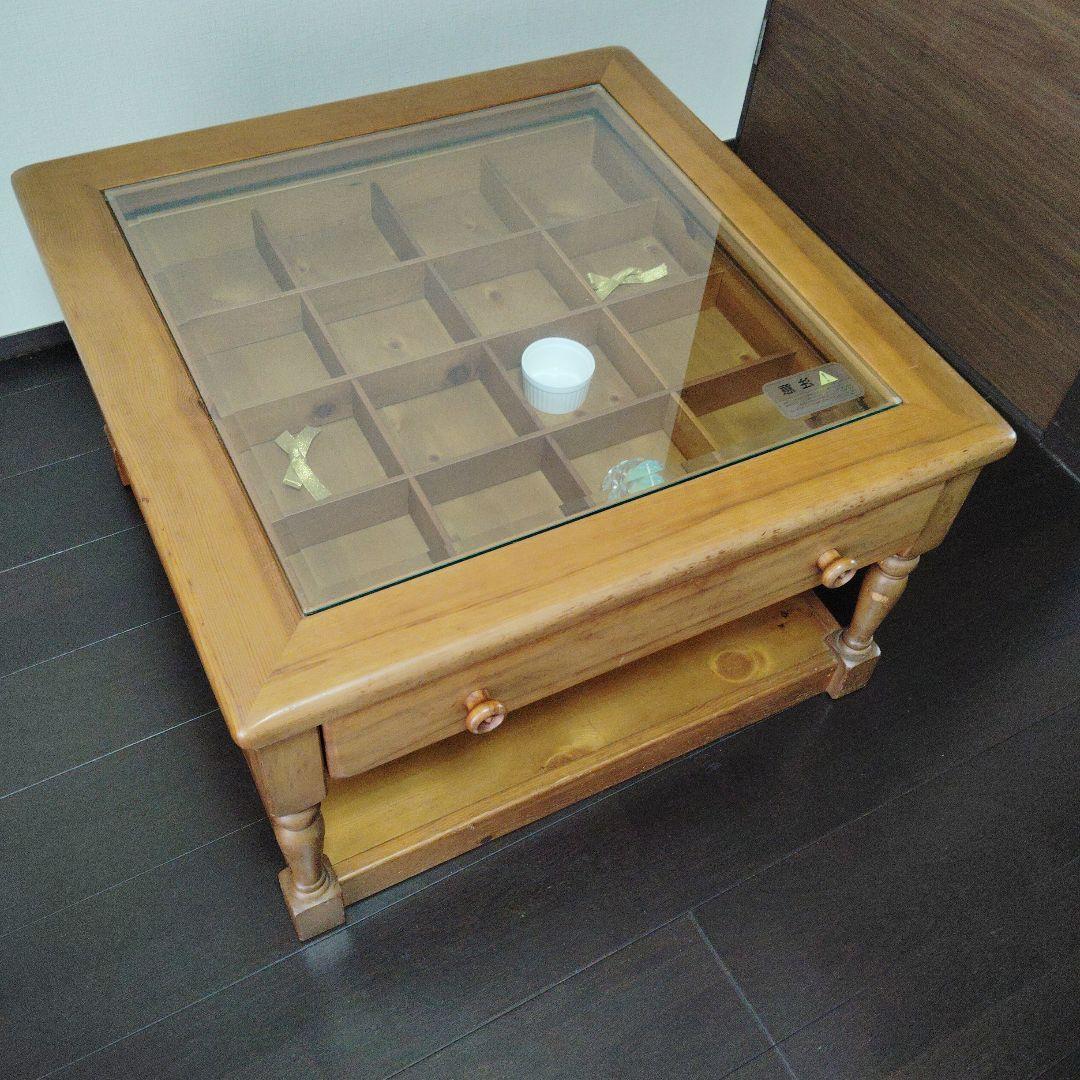 木製ローテーブル ガラス天板 引き出し付き