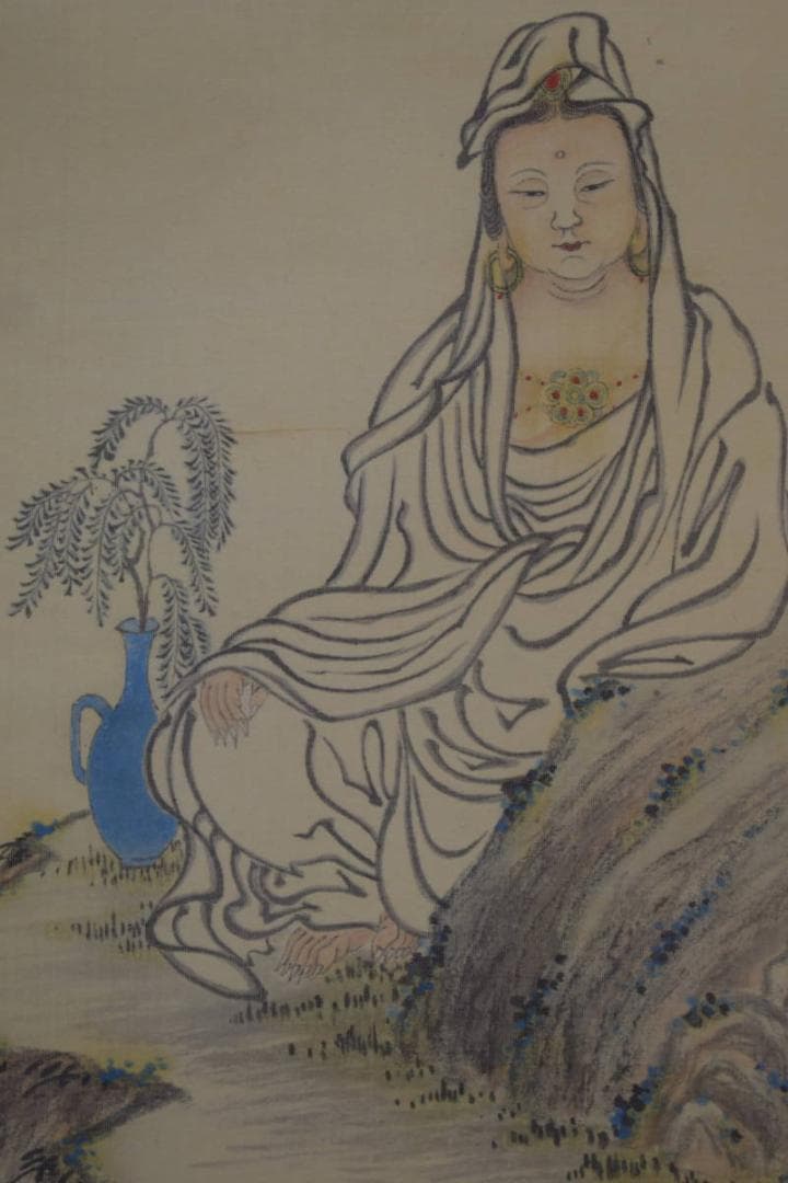 真作/田能村直入/小虎/観音画賛/布袋屋掛軸HH-419