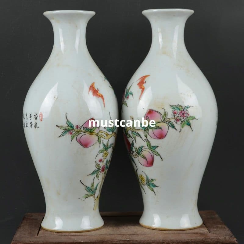 清乾隆粉彩九桃橄欖瓶花瓶 景徳鎮 陶磁器 装飾品 現代工芸品 美術品 置物