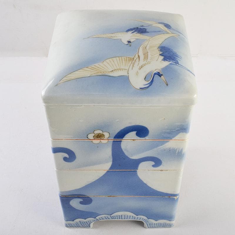 瀬戸焼 古瀬戸 染付 松竹梅文 四方四段重鉢 重箱 時代箱