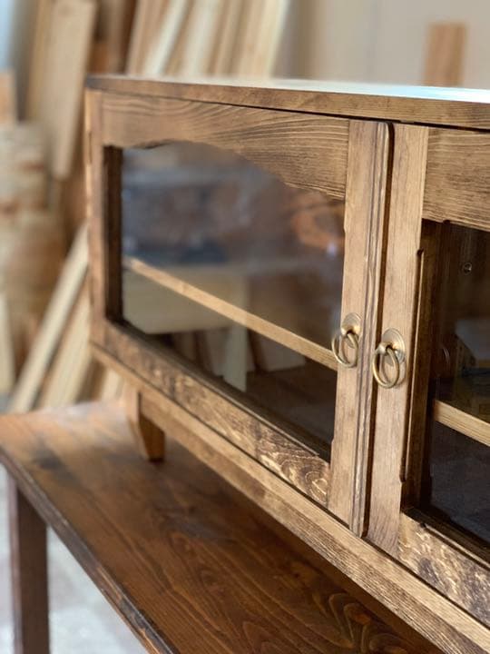 【無垢材】アンティーク調　ガラステレビボード