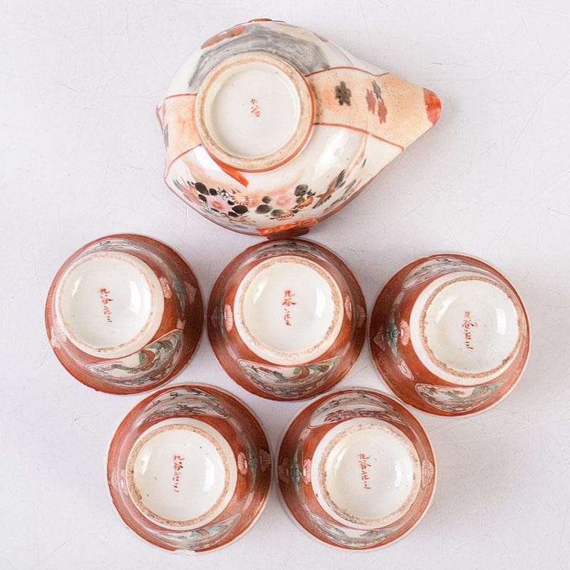 九谷焼 九谷庄三造 赤絵 煎茶碗 五客 湯冷まし 合わせ箱 V R9020