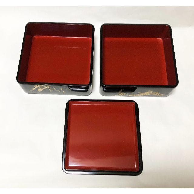 重箱 おせち 二段重 木製漆塗 梅に鶯沈金黒 6寸 18cm 漆器