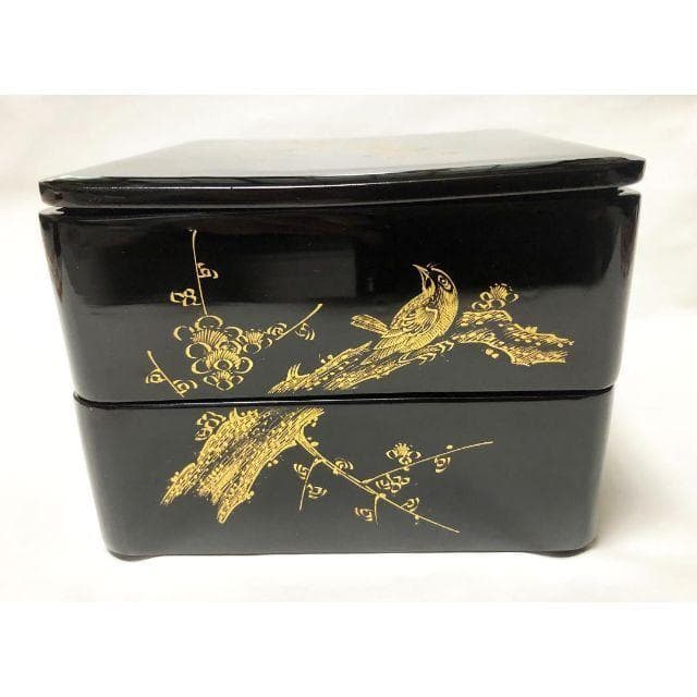 重箱 おせち 二段重 木製漆塗 梅に鶯沈金黒 6寸 18cm 漆器