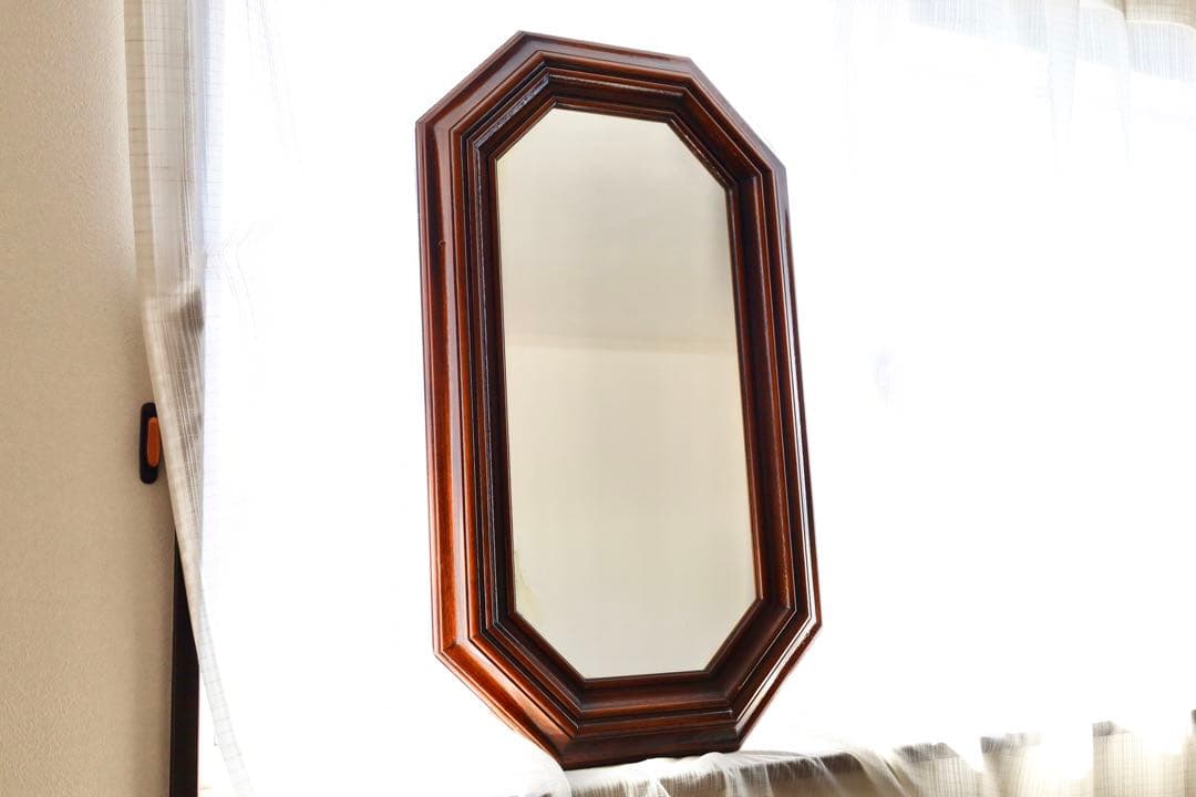 アンティーク雑貨【壁掛け　鏡　昭和レトロ　木彫り　八角形】