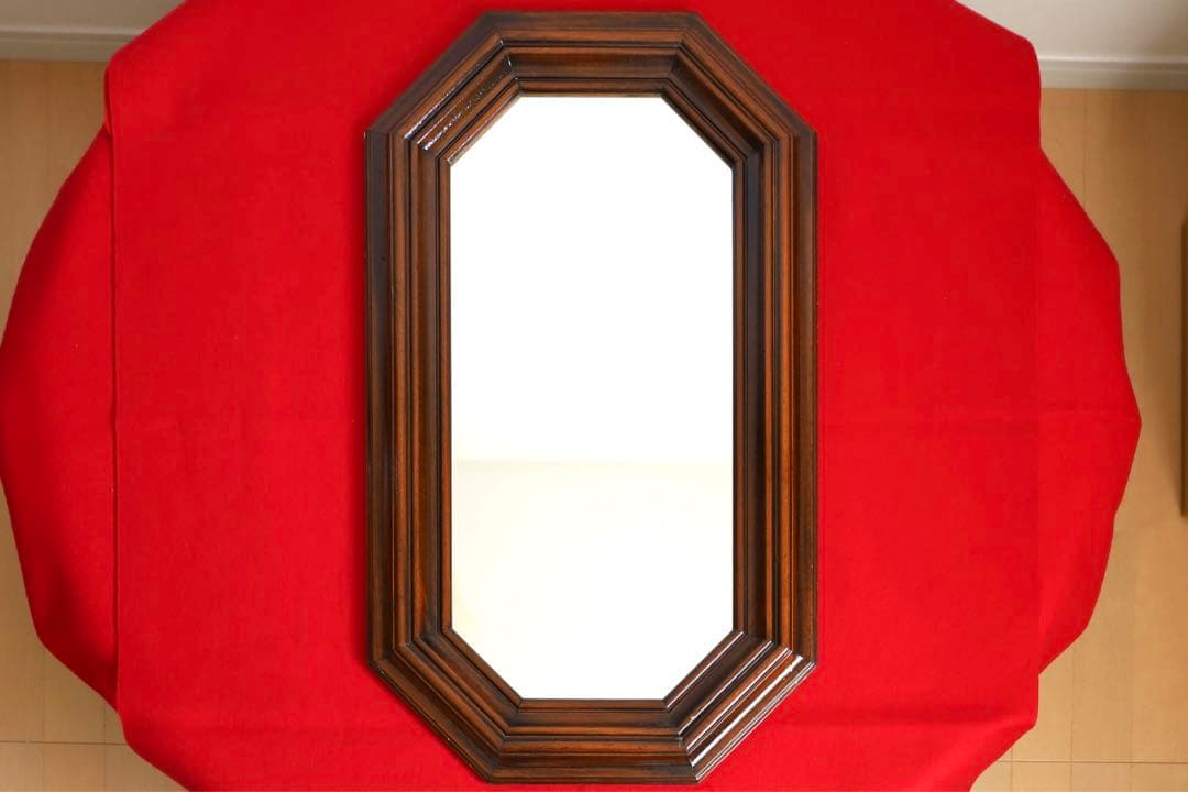 アンティーク雑貨【壁掛け　鏡　昭和レトロ　木彫り　八角形】
