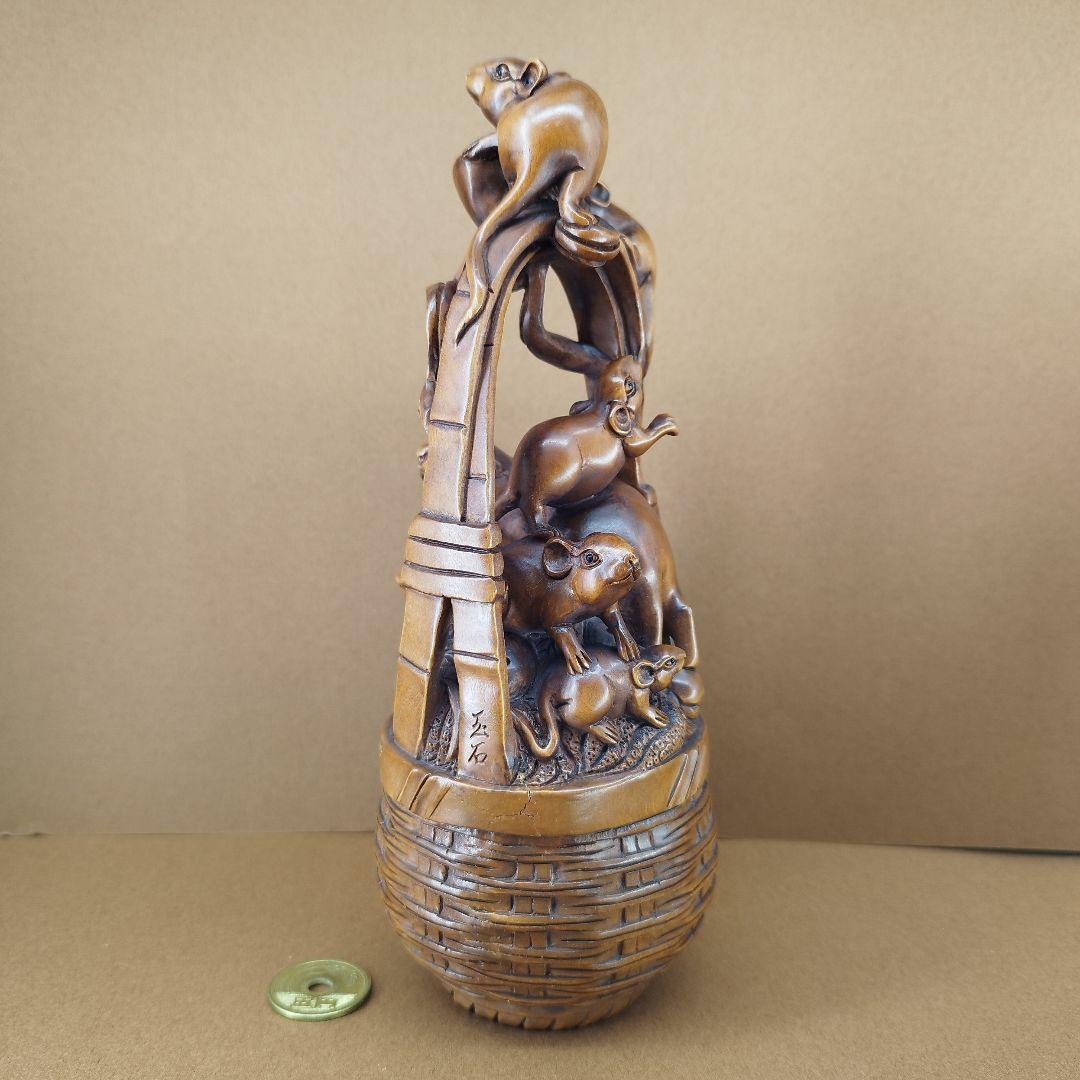 黄楊彫刻作品「家族繁栄、招財進寳」縁起置物《整理番号:BU005》