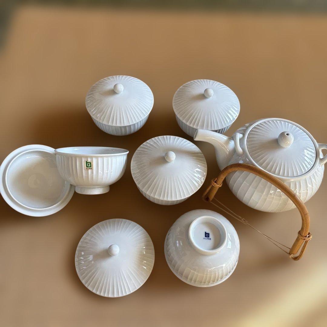 【美品】　白山陶器　白磁立筋　急須　土瓶　蓋付き湯呑み5客セット　日本茶器
