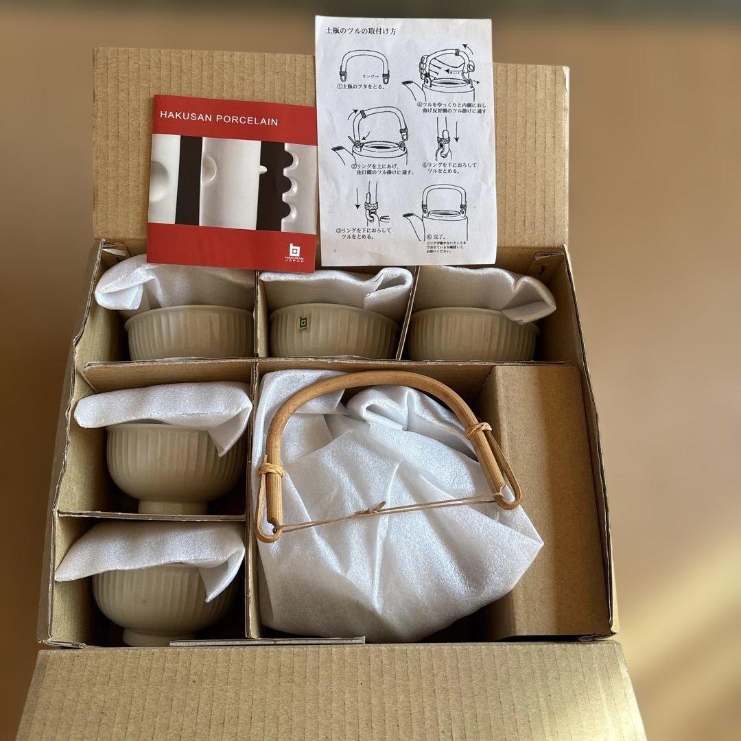 【美品】　白山陶器　白磁立筋　急須　土瓶　蓋付き湯呑み5客セット　日本茶器