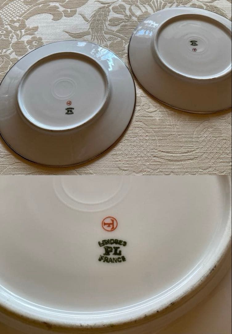 【フランス／純銀＋リモージュ】皿 ２枚セット／銀縁取りのプレート「シノワズリ」