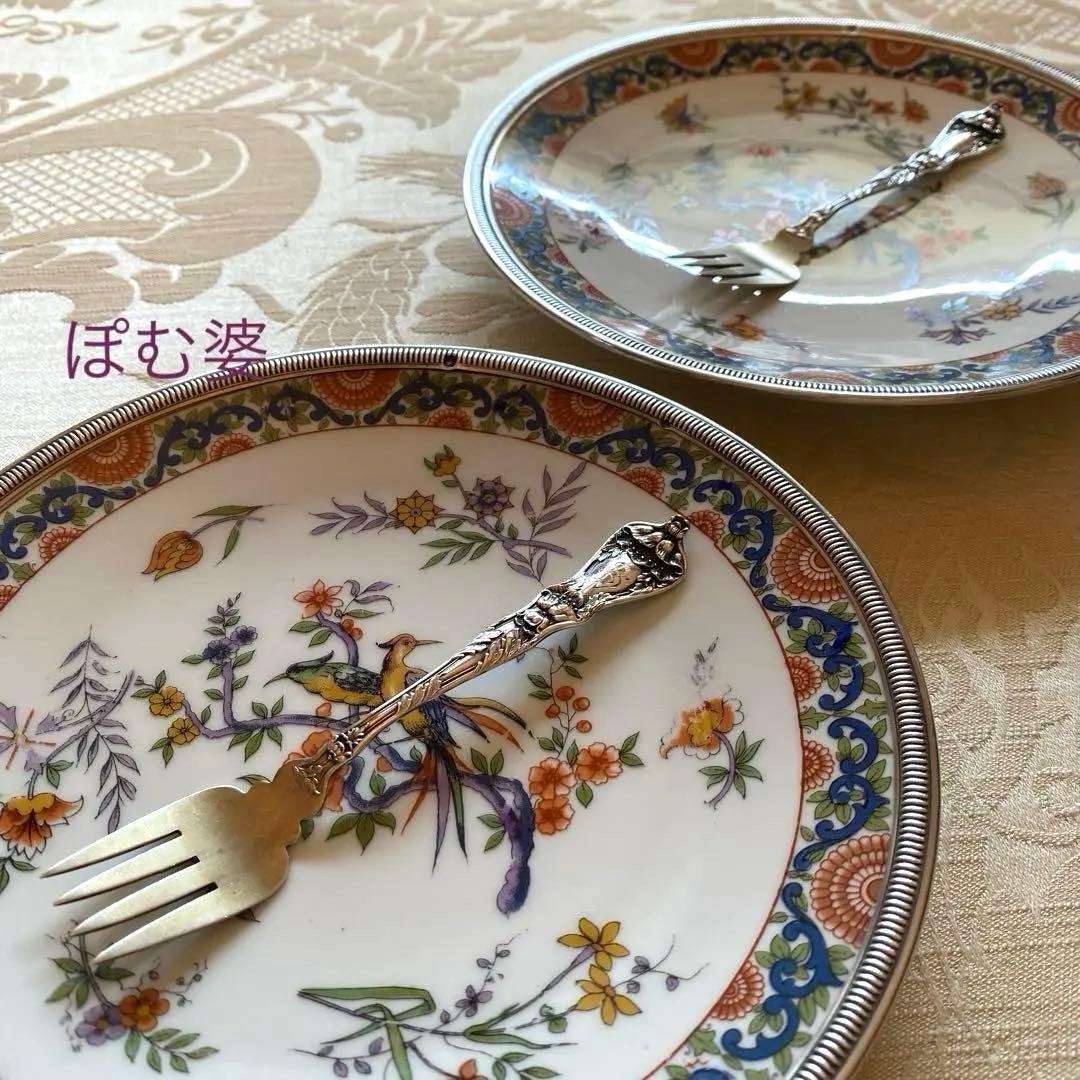 【フランス／純銀＋リモージュ】皿 ２枚セット／銀縁取りのプレート「シノワズリ」