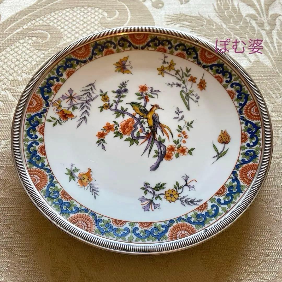 【フランス／純銀＋リモージュ】皿 ２枚セット／銀縁取りのプレート「シノワズリ」