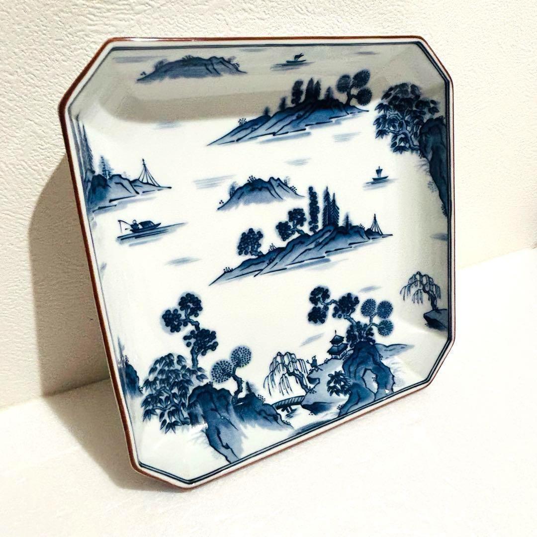 ⭐️ 美濃焼 庫山窯 染付 山水文 角大皿【 25 × 25cm 】美品
