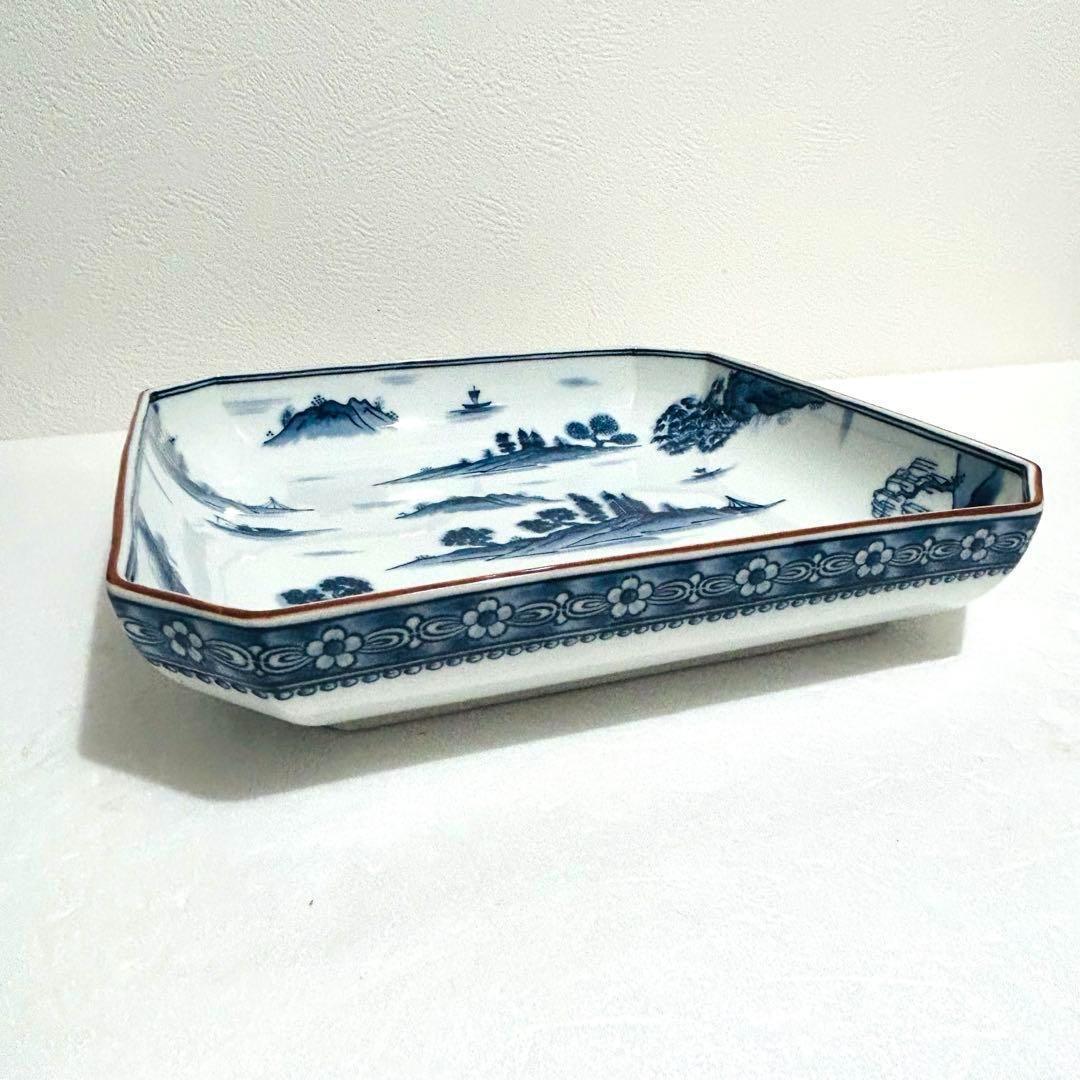 ⭐️ 美濃焼 庫山窯 染付 山水文 角大皿【 25 × 25cm 】美品