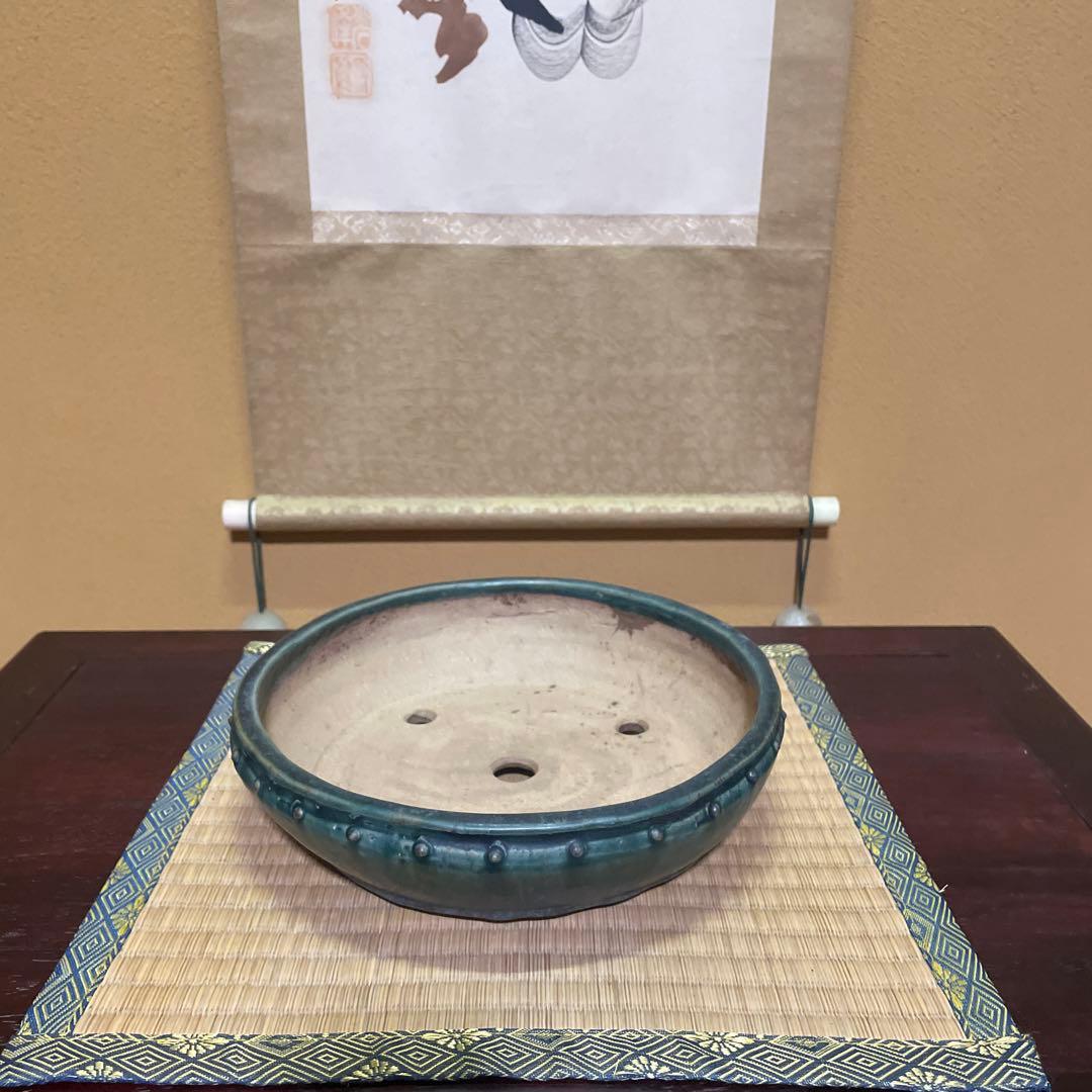 【落款あり】秀峰 鋲打外縁丸太鼓鉢 緑釉 盆栽鉢 丸型鉢 24cm