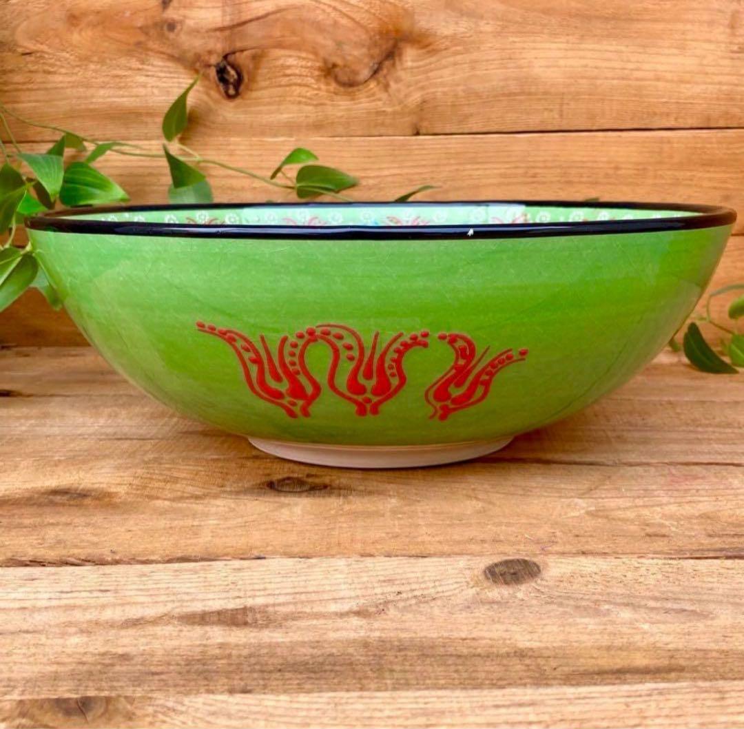 31.5cm☆新品☆トルコ陶器 特大サイズ ボウル ＊グリーン＊キュタフヤ陶器＊