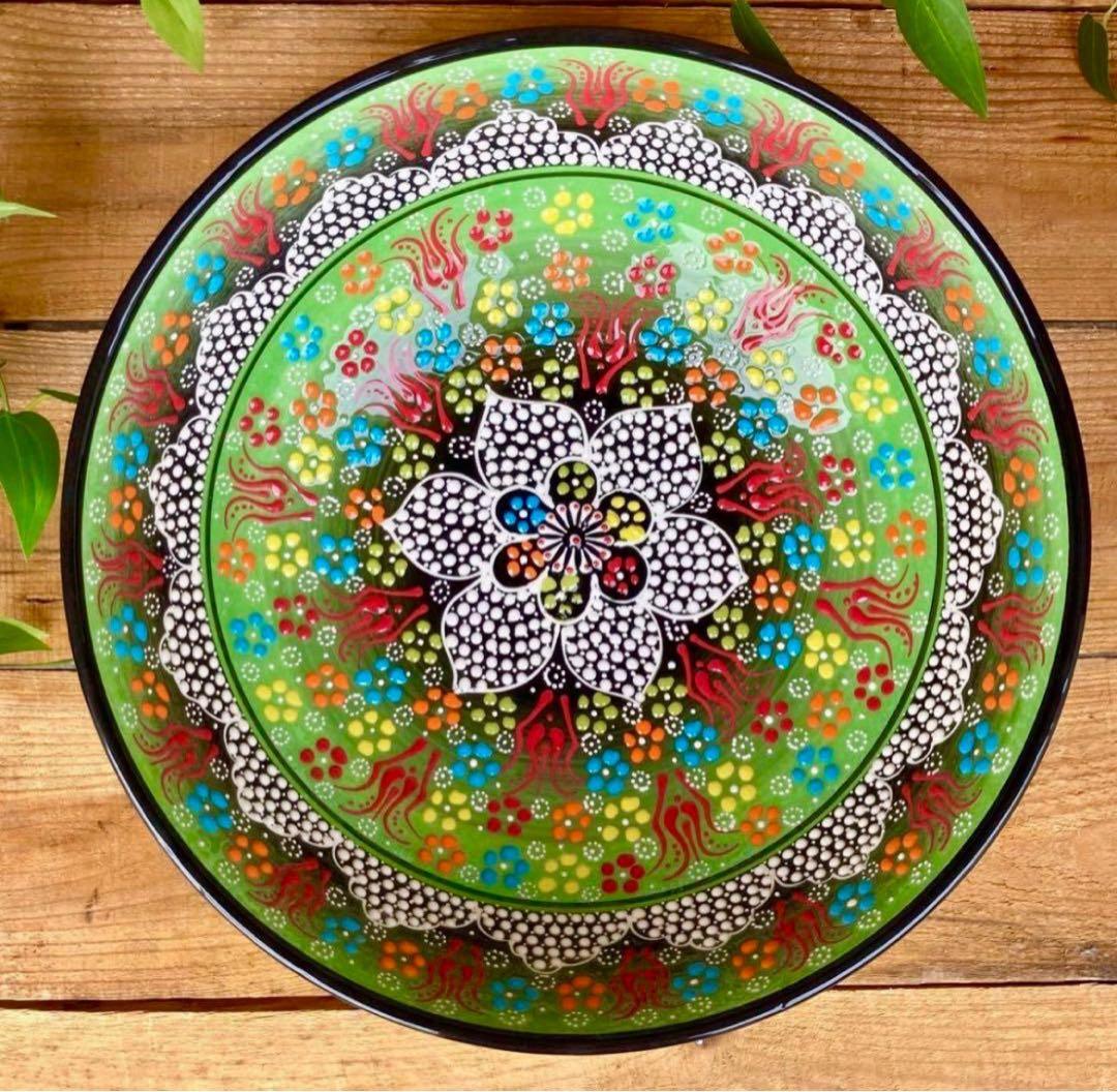 31.5cm☆新品☆トルコ陶器 特大サイズ ボウル ＊グリーン＊キュタフヤ陶器＊