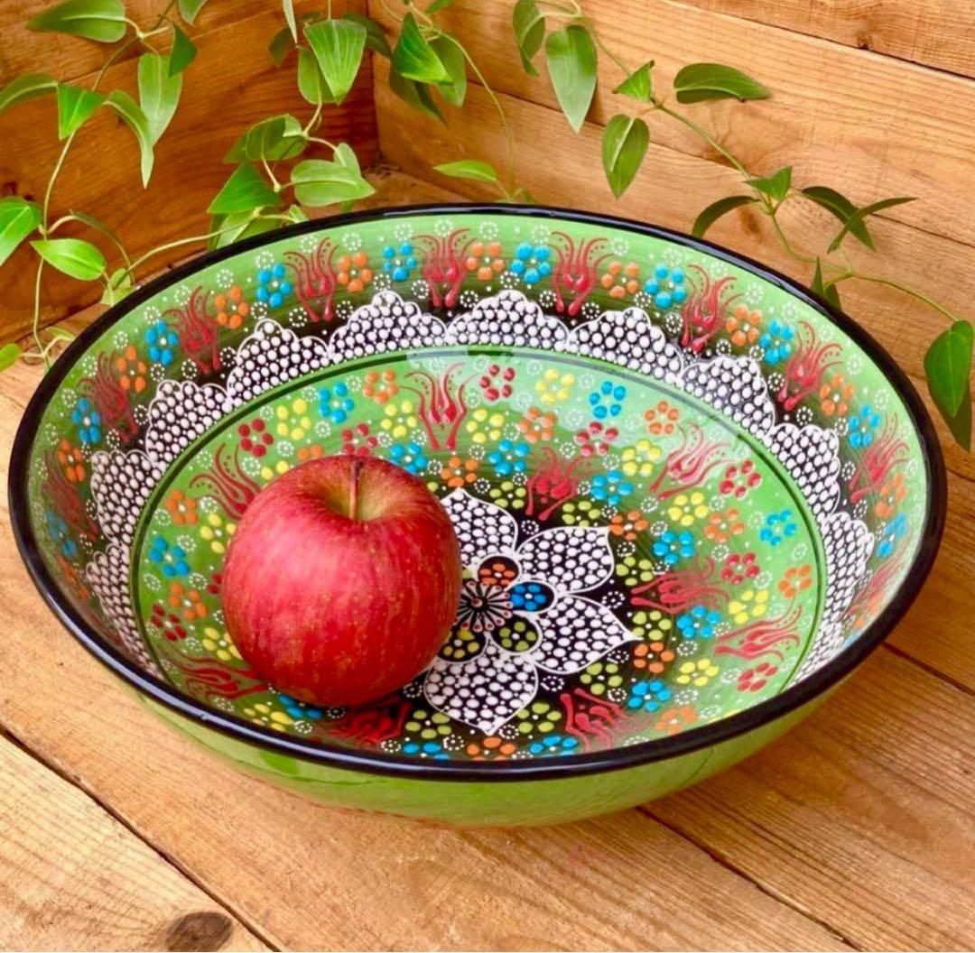 31.5cm☆新品☆トルコ陶器 特大サイズ ボウル ＊グリーン＊キュタフヤ陶器＊