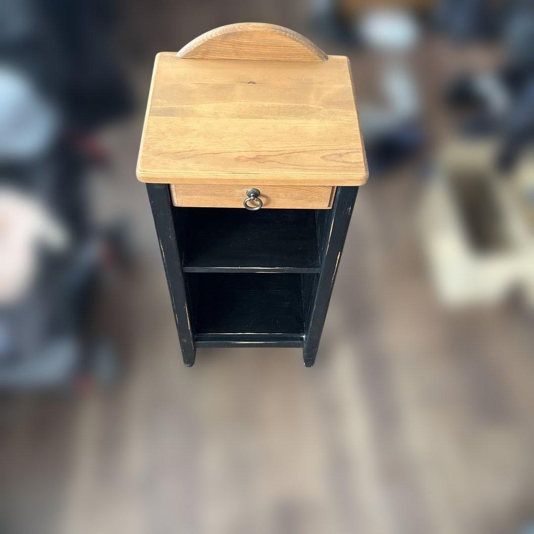 昭和レトロ　美品電話台・ファックス台 黒と木の色 2段収納