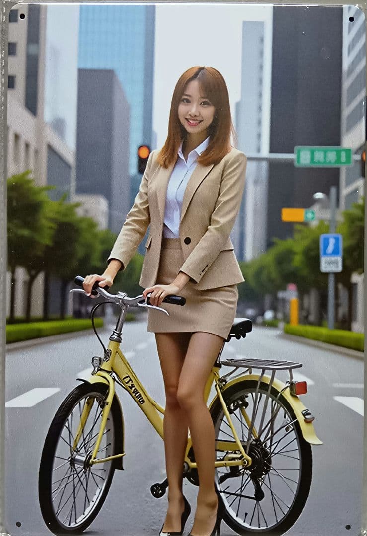 ヨ*ー様 自転車に乗る女性のインテリアポスター 【ブリキ看板】