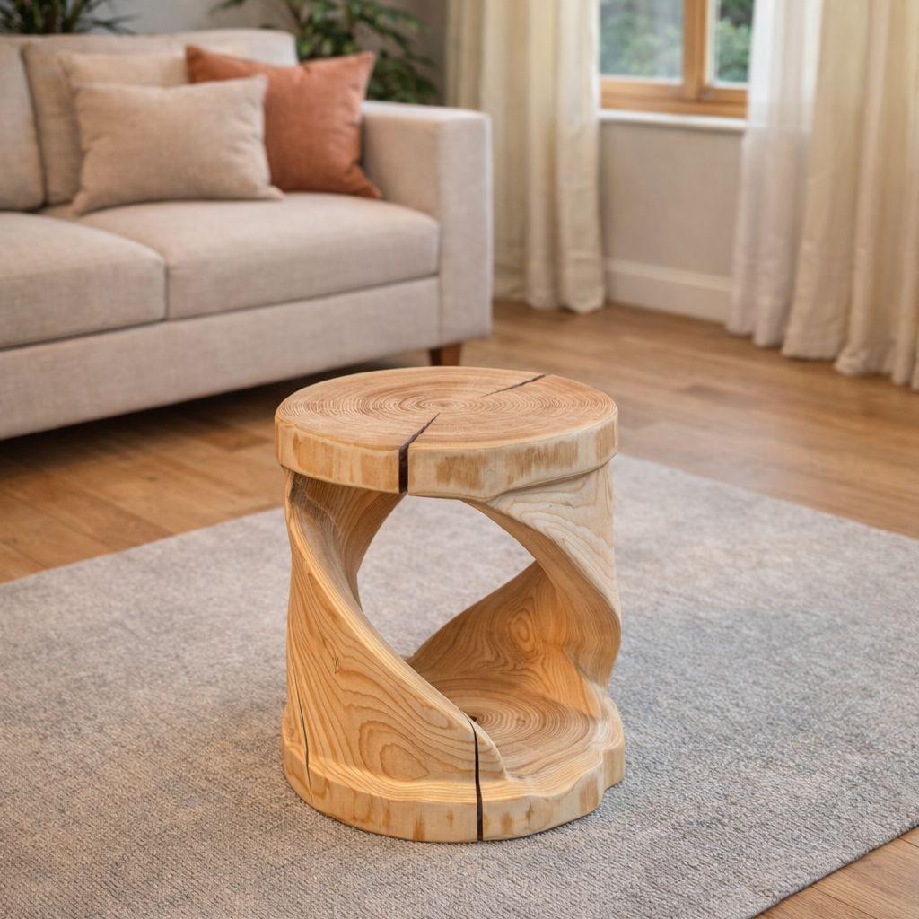 檜　丸太　椅子　スツール　くり抜き　ねじり　レジン　高さ約32.5cm