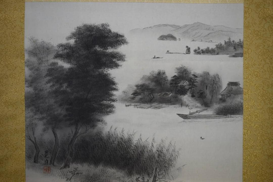 真作/晃珠/湖畔図/桐共箱付/布袋屋掛軸HE-986