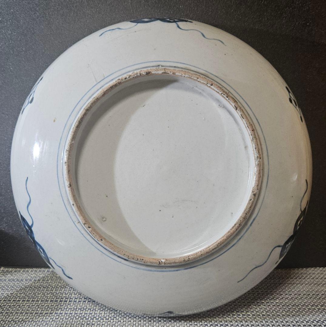 明治時代　古伊万里　花に蝶の図　市松文様　径 31.0cm　大皿　大鉢