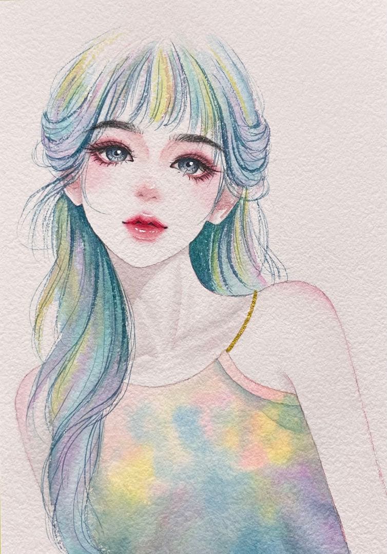 手描きイラスト 水彩原画 カラフルな女の子130 - メルカリ