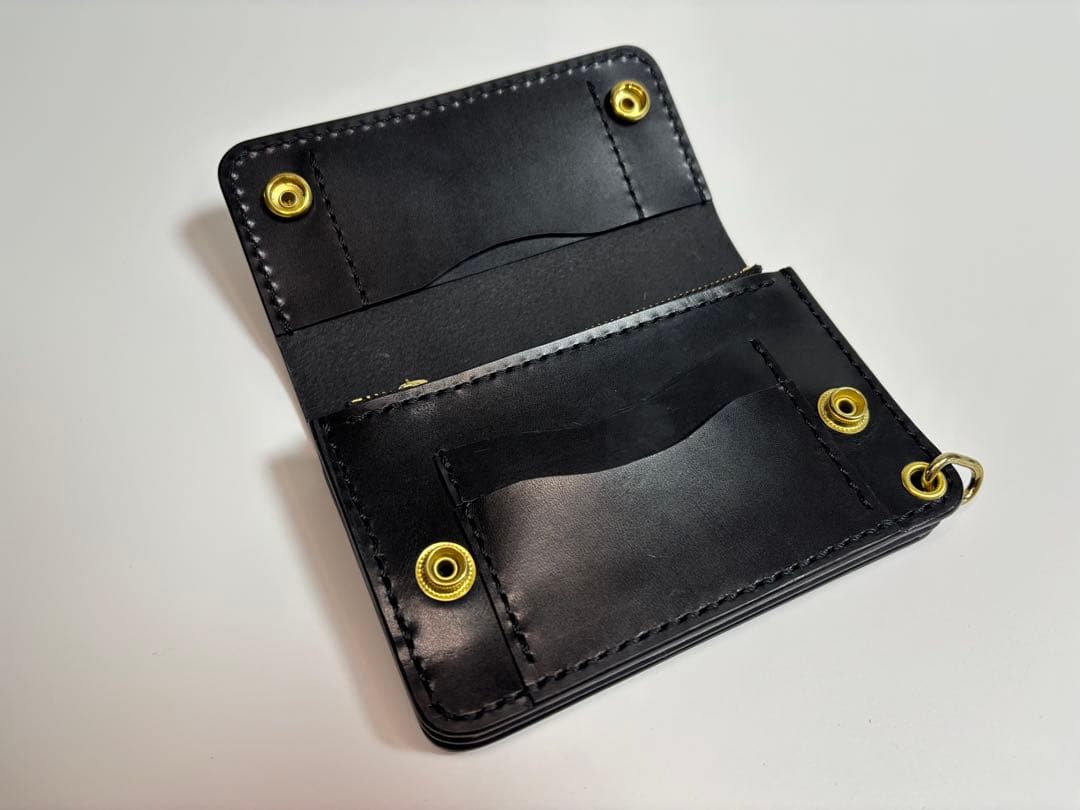 黒　ヌメ革　ロマネスク　トラッカーウォレット　【Ａ】三層　真鍮　レザークラフト