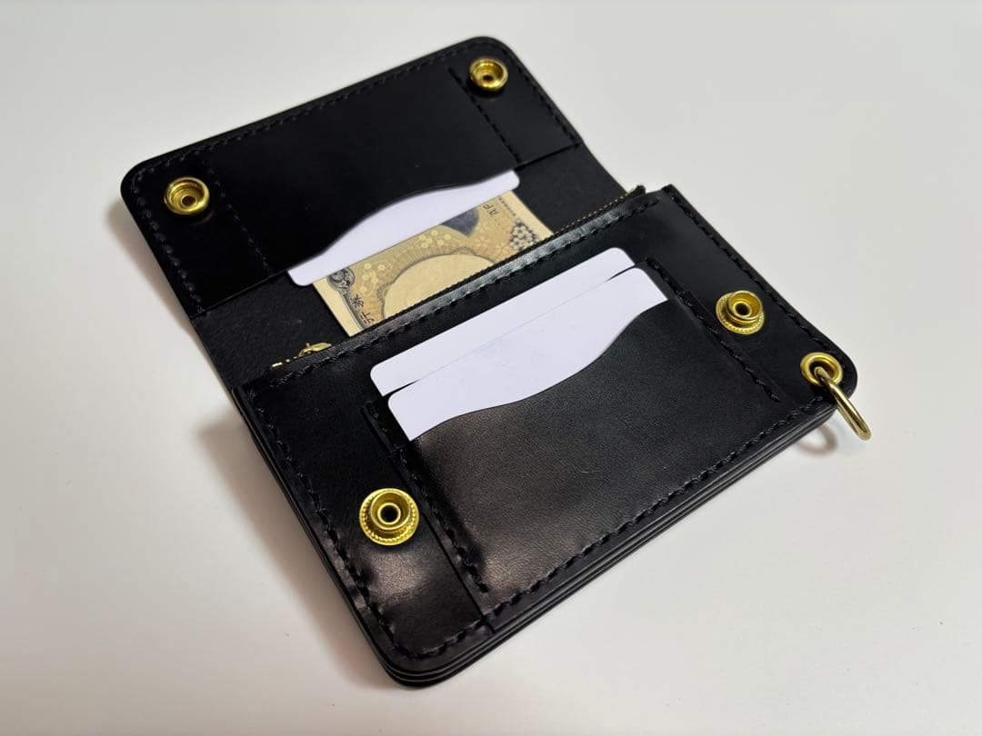 黒　ヌメ革　ロマネスク　トラッカーウォレット　【Ａ】三層　真鍮　レザークラフト