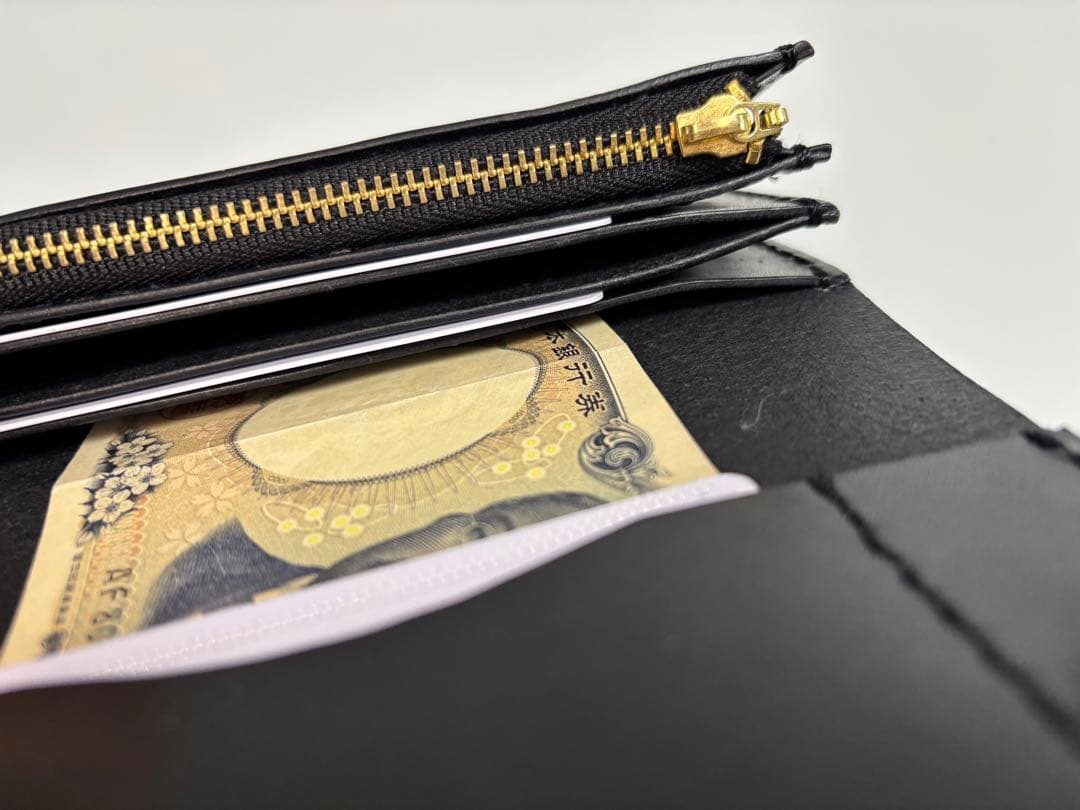 黒　ヌメ革　ロマネスク　トラッカーウォレット　【Ａ】三層　真鍮　レザークラフト