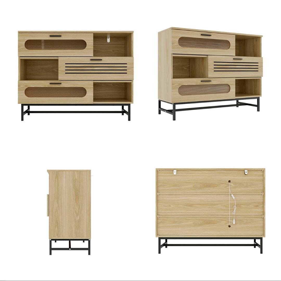 キャビネット サイドボード LEDライト付き 幅100cm 木目調 コンパクト