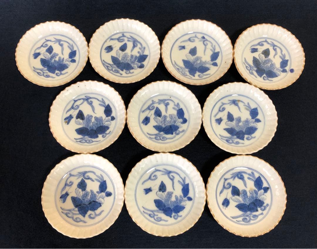 割引❗️《レ》幕末 伊万里 染付 豆皿10客 口縁輪花しのぎ手 1f