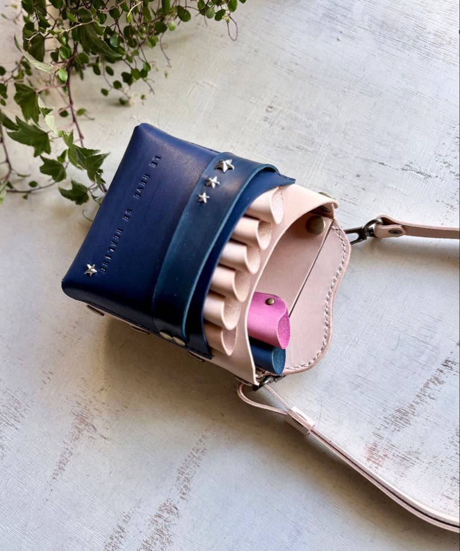 ヌメ革ナチュラル、手染めネイビー、大容量シザーケース