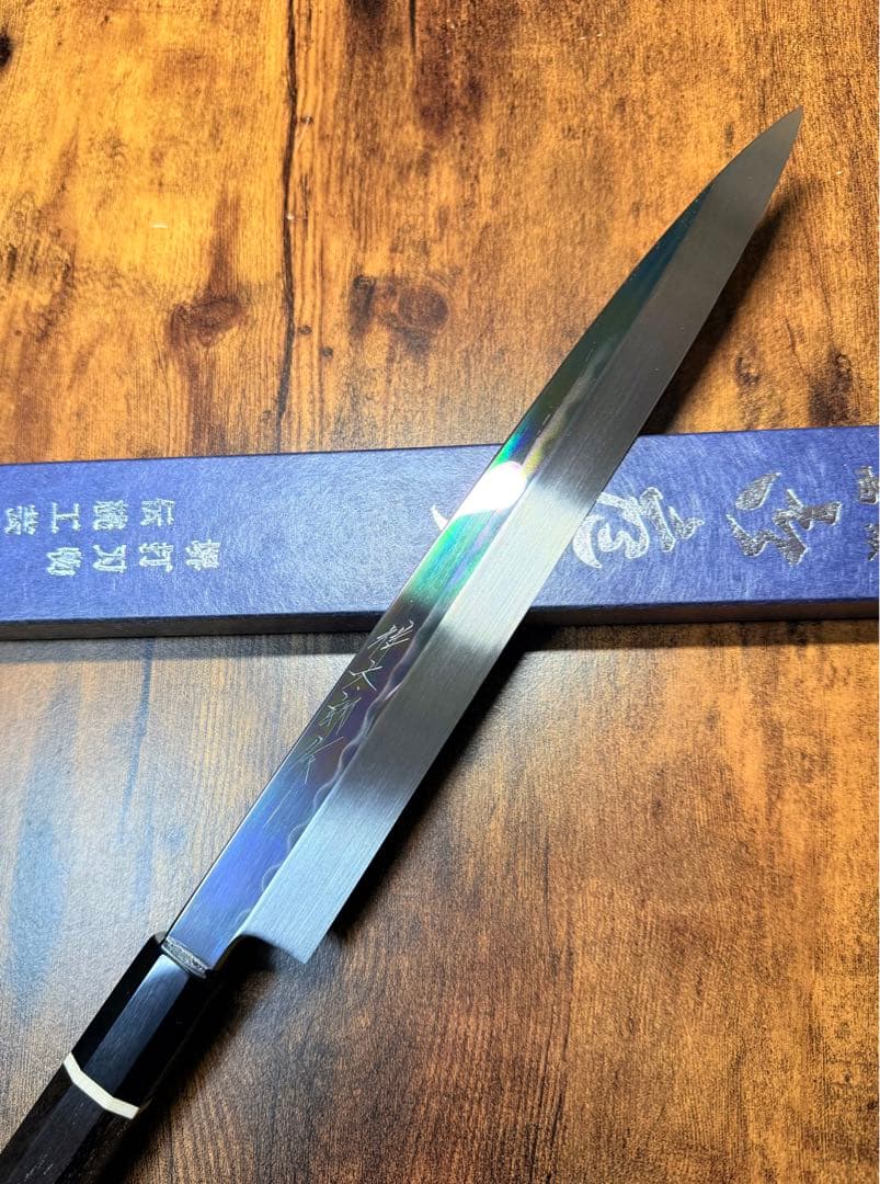 【堺打刃物】　祥太郎作　刺身 柳刃　本焼　白鋼　9寸　鏡面　包丁　黒檀水牛八角柄