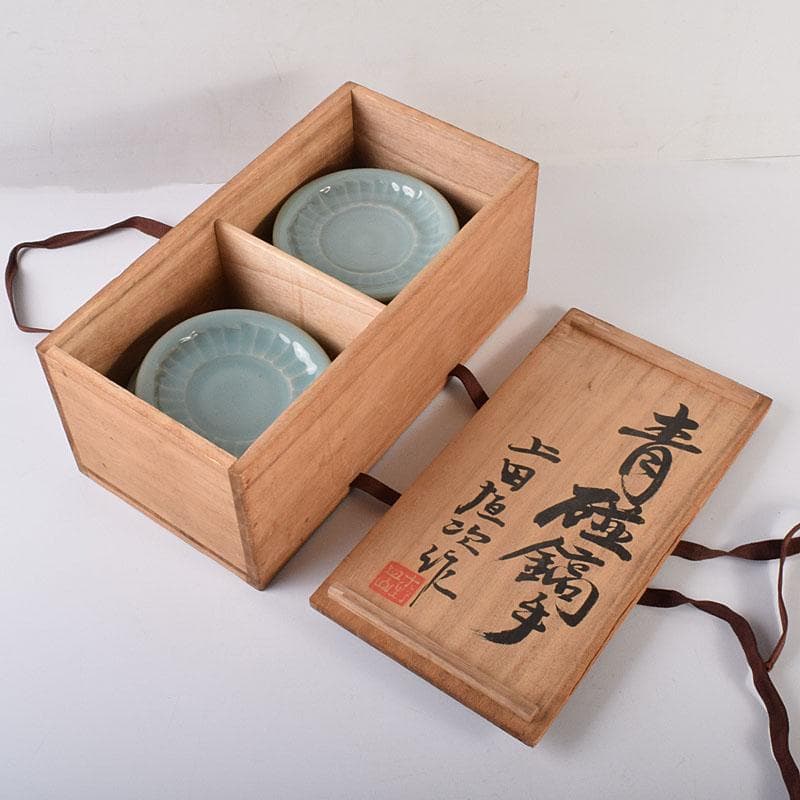 和食器 木野皿山窯 上田恒次作 青磁鎬手 銘々皿 7客