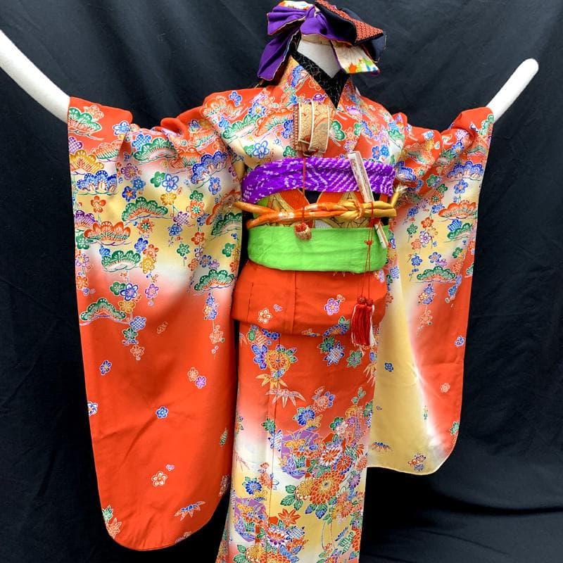 501ag89□七五三 七歳 女児 着物&袋帯 紅型風 型染 赤系□美品