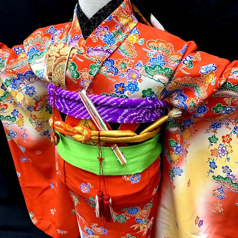 501ag89□七五三 七歳 女児 着物&袋帯 紅型風 型染 赤系□美品