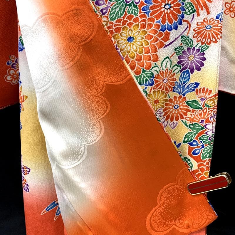 501ag89□七五三 七歳 女児 着物&袋帯 紅型風 型染 赤系□美品