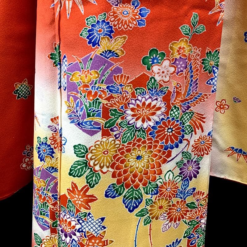 501ag89□七五三 七歳 女児 着物&袋帯 紅型風 型染 赤系□美品