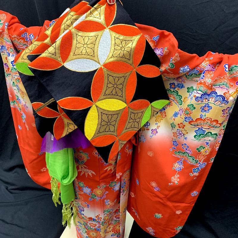 501ag89□七五三 七歳 女児 着物&袋帯 紅型風 型染 赤系□美品