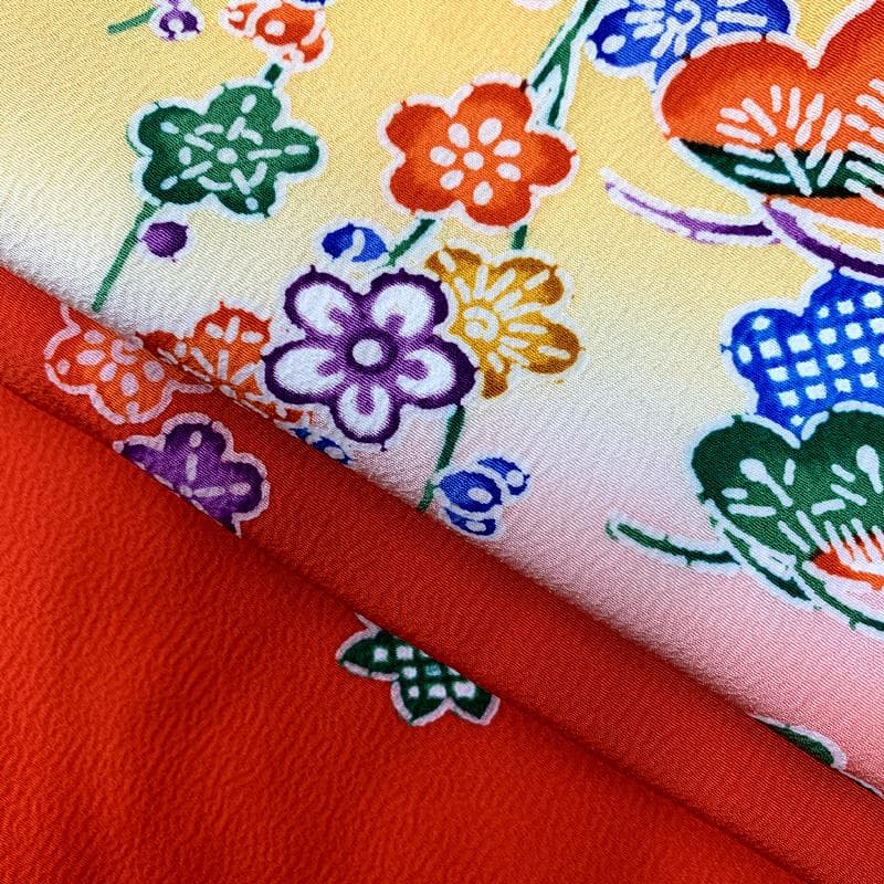 501ag89□七五三 七歳 女児 着物&袋帯 紅型風 型染 赤系□美品